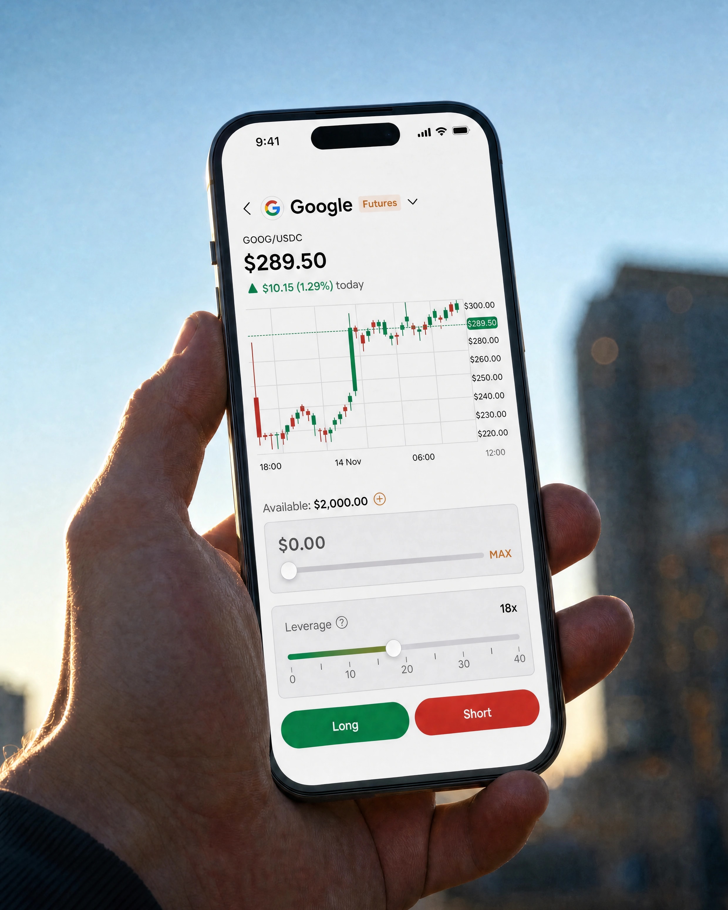 HelloTrade Perpetual Futures — a perpetual futures ticket with leverage controls on an iPhone