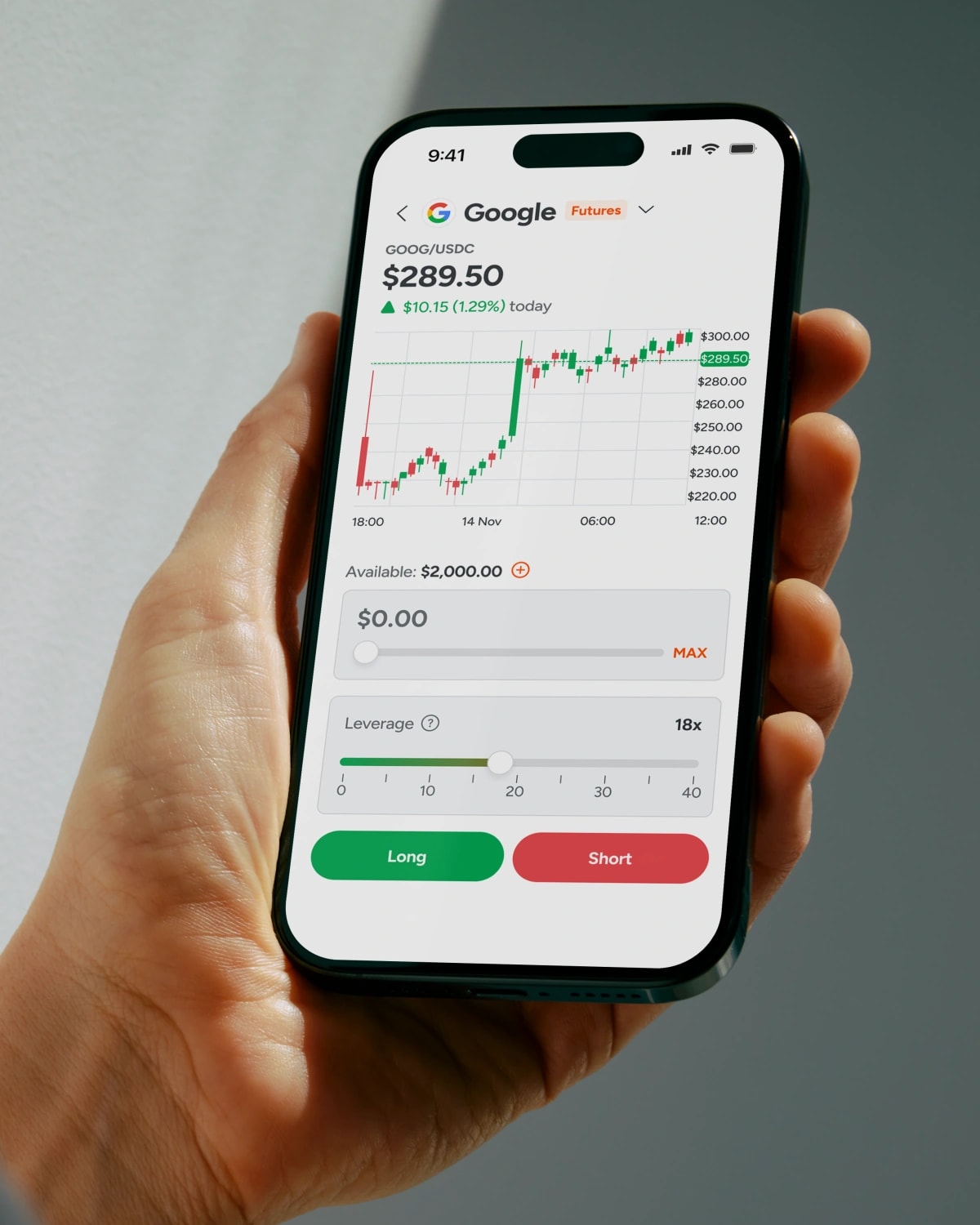 HelloTrade 무기한 선물 — iPhone에 표시된 레버리지 설정이 포함된 주문 화면